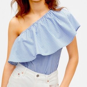 Gap NWT Size Medium One Shoulder Ruffle Top Blue Pin Stripe